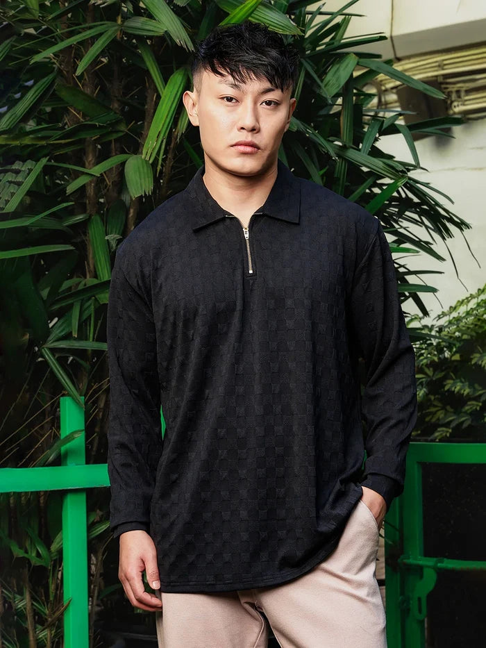 House Of Koala Black Solid Textured Cable Knit Drop-Shoulder Relaxed Fit Polo Neck Full Sleeve T-Shirt