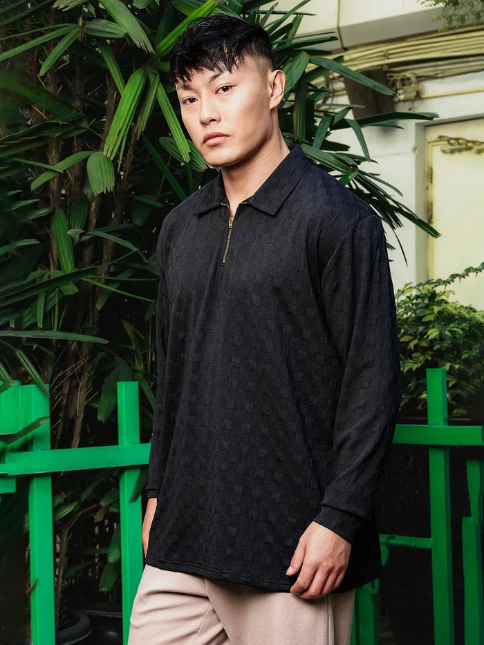 House Of Koala Black Solid Textured Cable Knit Drop-Shoulder Relaxed Fit Polo Neck Full Sleeve T-Shirt