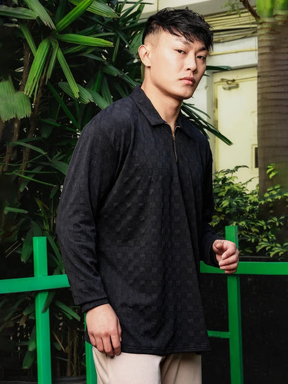 House Of Koala Black Solid Textured Cable Knit Drop-Shoulder Relaxed Fit Polo Neck Full Sleeve T-Shirt