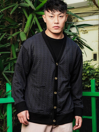 House Of Koala Black Textured Self Design V-Neck Knitted Cardigan