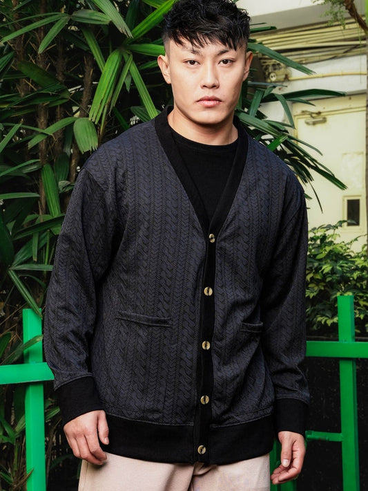 House Of Koala Black Textured Self Design V-Neck Knitted Cardigan