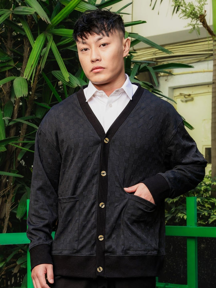 House Of Koala Black Textured & Self Design V-Neck Knitted Cardigan