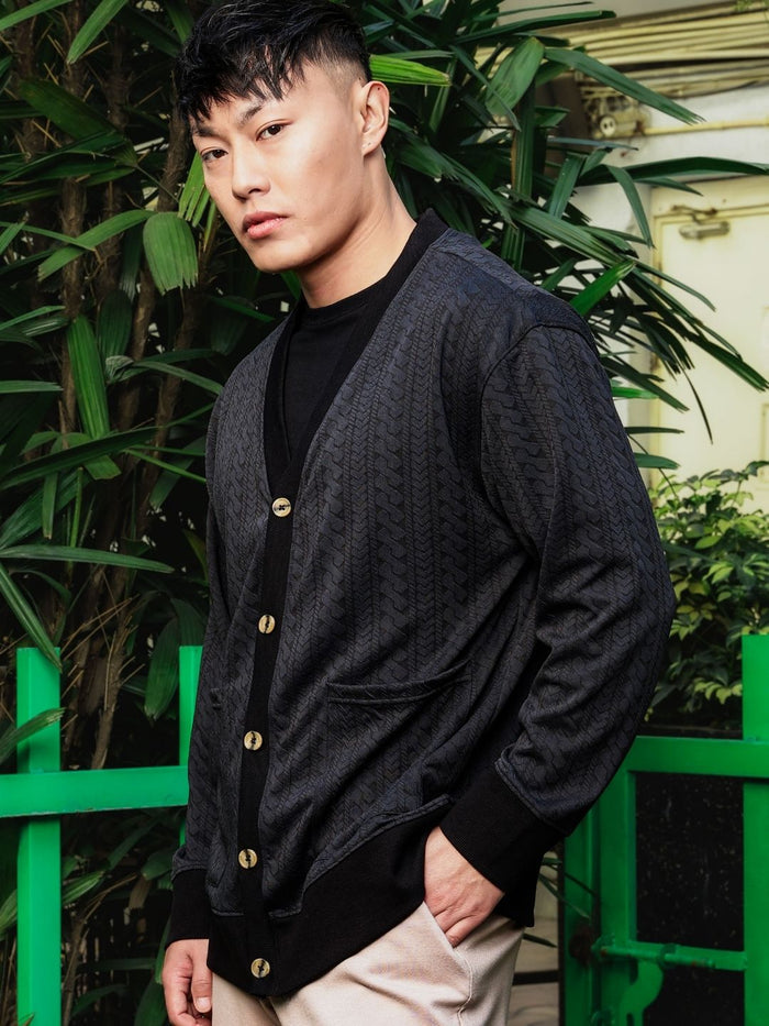 House Of Koala Black Textured Self Design V-Neck Knitted Cardigan
