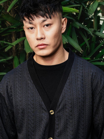House Of Koala Black Textured Self Design V-Neck Knitted Cardigan