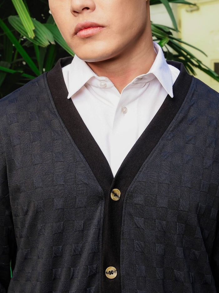 House Of Koala Black Textured & Self Design V-Neck Knitted Cardigan