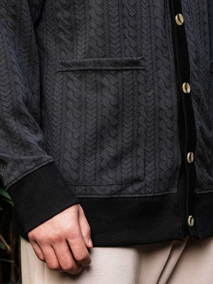 House Of Koala Black Textured Self Design V-Neck Knitted Cardigan