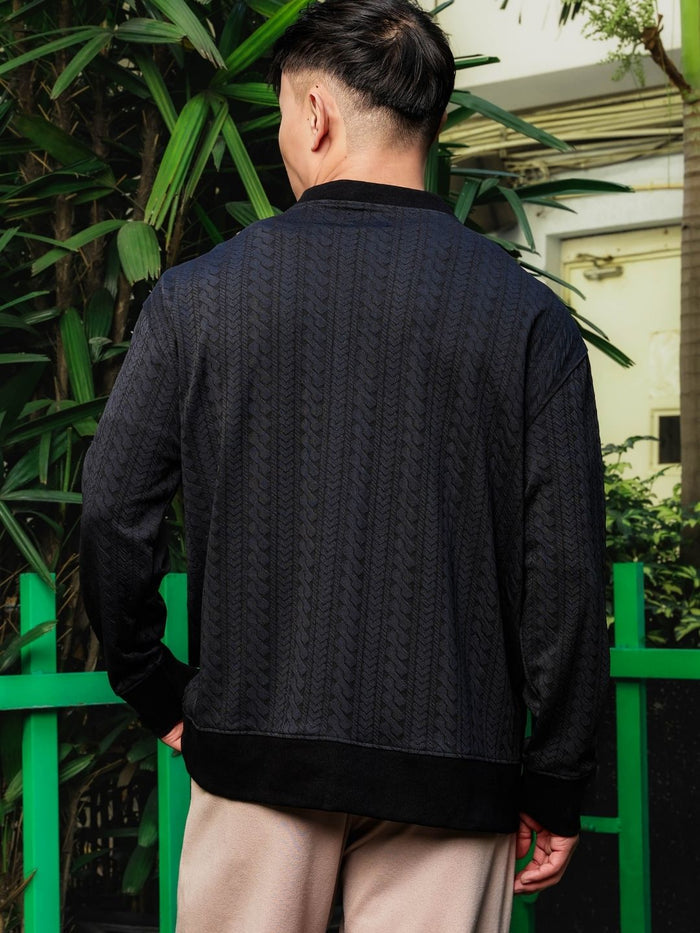 House Of Koala Black Textured Self Design V-Neck Knitted Cardigan