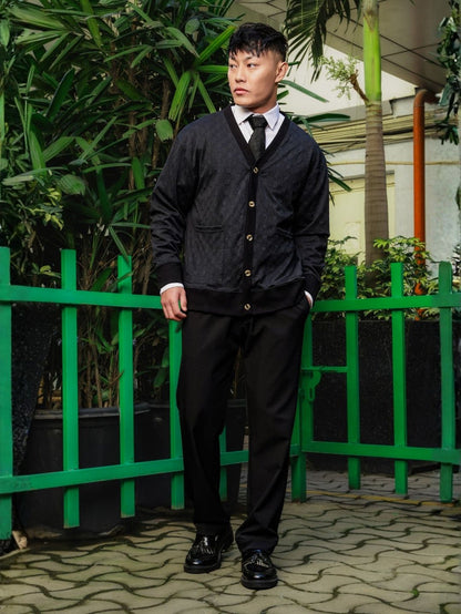 House Of Koala Black Textured & Self Design V-Neck Knitted Cardigan
