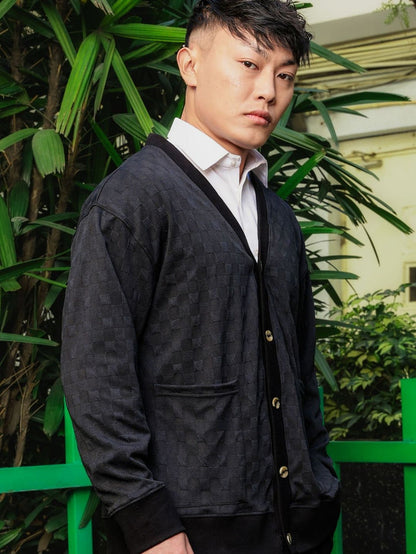 House Of Koala Black Textured & Self Design V-Neck Knitted Cardigan