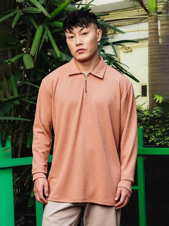 House Of Koala Brown Solid Textured Cable Knit Drop-Shoulder Relaxed Fit Polo Neck Full Sleeve T-Shirt