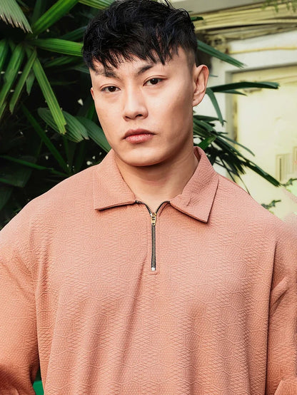 House Of Koala Brown Solid Textured Cable Knit Drop-Shoulder Relaxed Fit Polo Neck Full Sleeve T-Shirt