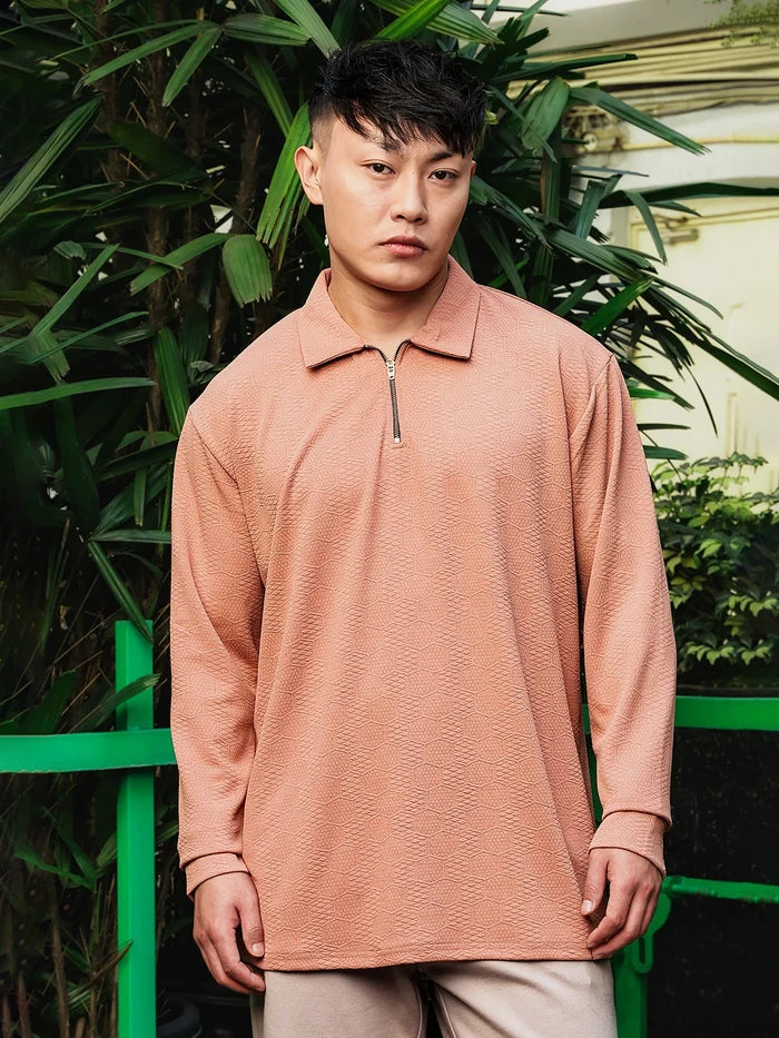 House Of Koala Brown Solid Textured Cable Knit Drop-Shoulder Relaxed Fit Polo Neck Full Sleeve T-Shirt