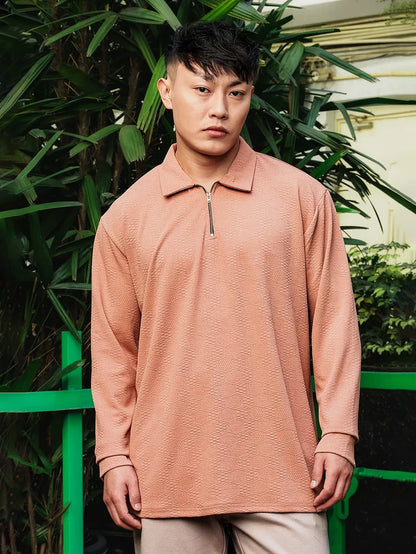 House Of Koala Brown Solid Textured Cable Knit Drop-Shoulder Relaxed Fit Polo Neck Full Sleeve T-Shirt