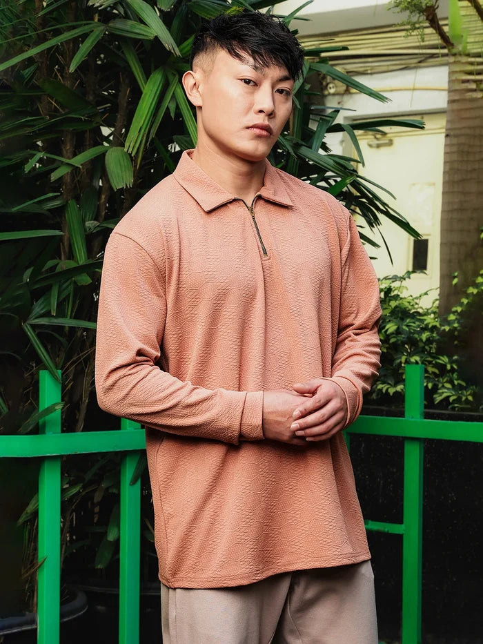 House Of Koala Brown Solid Textured Cable Knit Drop-Shoulder Relaxed Fit Polo Neck Full Sleeve T-Shirt