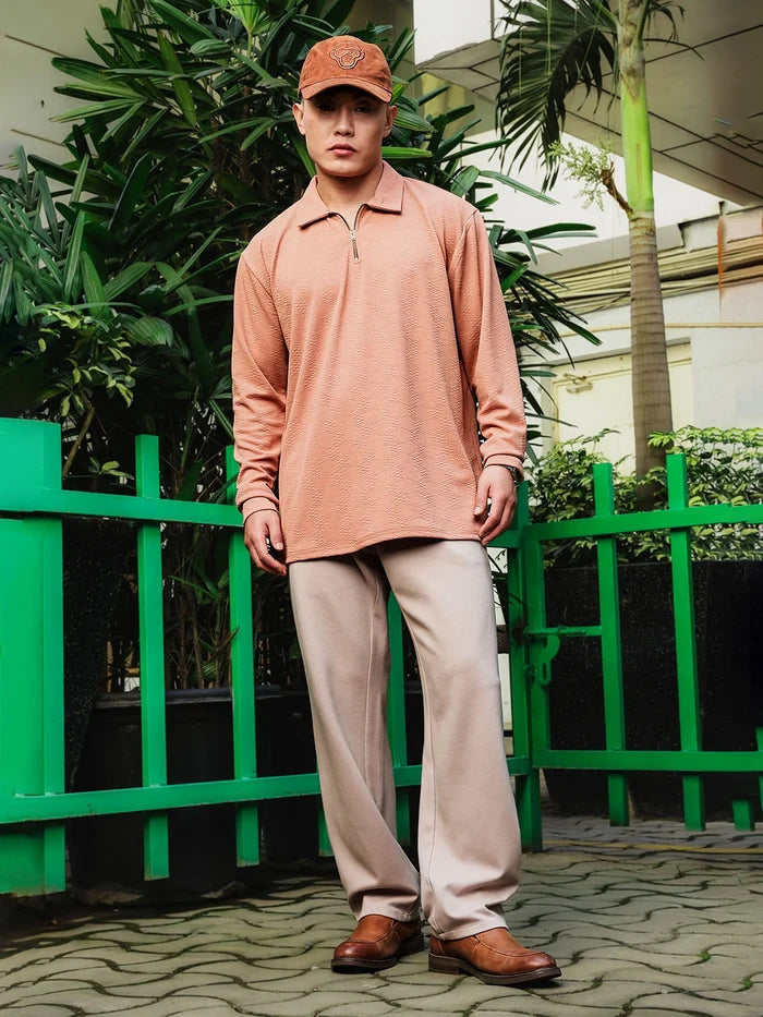 House Of Koala Brown Solid Textured Cable Knit Drop-Shoulder Relaxed Fit Polo Neck Full Sleeve T-Shirt
