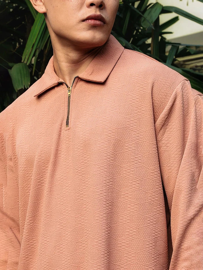 House Of Koala Brown Solid Textured Cable Knit Drop-Shoulder Relaxed Fit Polo Neck Full Sleeve T-Shirt