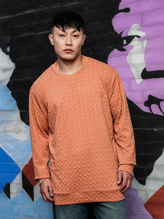 House Of Koala Brown Solid Textured Knitted Drop-Shoulder Relaxed Fit Pullover T-shirt