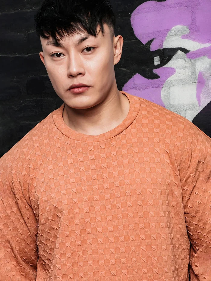 House Of Koala Brown Solid Textured Knitted Drop-Shoulder Relaxed Fit Pullover T-shirt