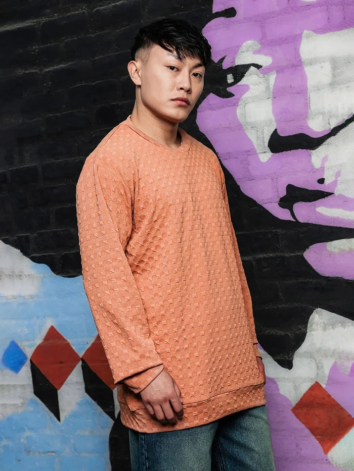 House Of Koala Brown Solid Textured Knitted Drop-Shoulder Relaxed Fit Pullover T-shirt