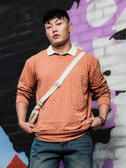 House Of Koala Brown Solid Textured Knitted Drop-Shoulder Relaxed Fit Pullover T-shirt