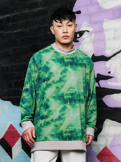 House Of Koala Grey & Green Abstract Printed Drop-Shoulder Relaxed Fit Pullover T-tshirt