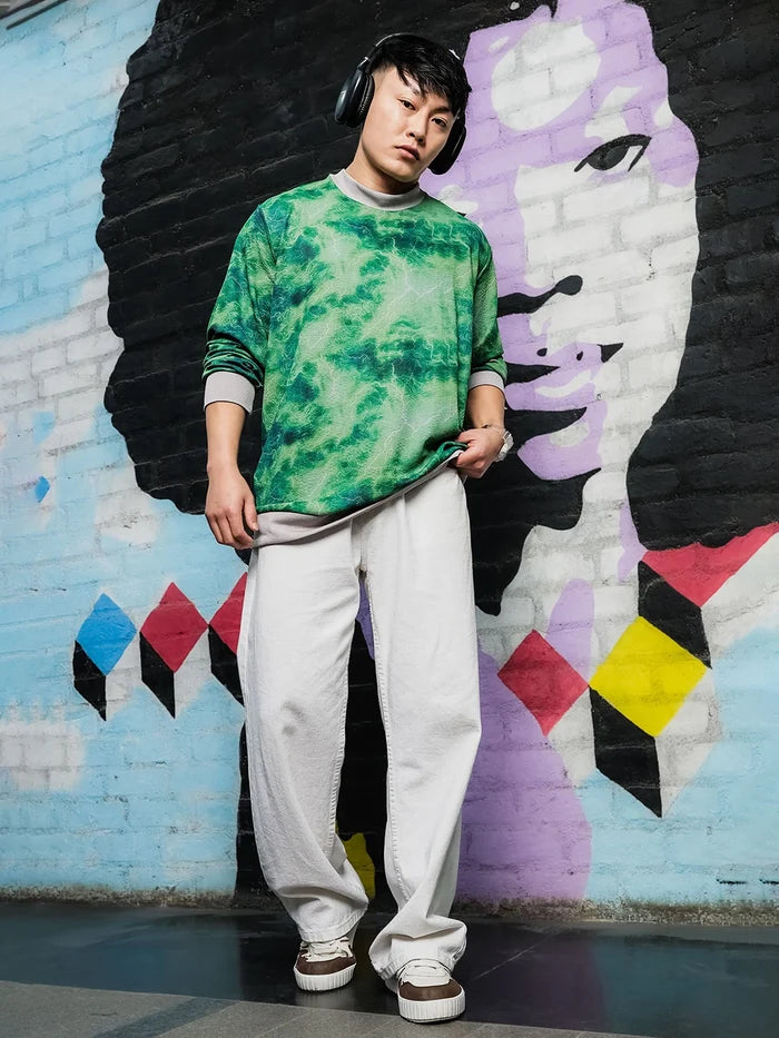 House Of Koala Grey & Green Abstract Printed Drop-Shoulder Relaxed Fit Pullover T-tshirt