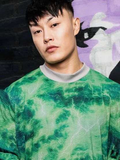 House Of Koala Grey & Green Abstract Printed Drop-Shoulder Relaxed Fit Pullover T-tshirt