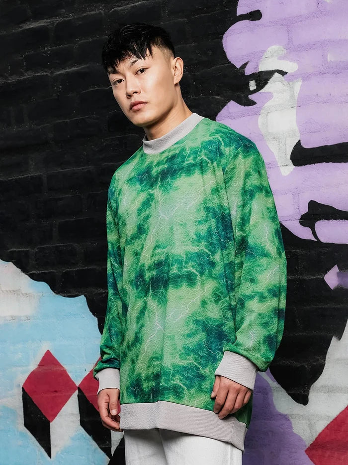 House Of Koala Grey & Green Abstract Printed Drop-Shoulder Relaxed Fit Pullover T-tshirt
