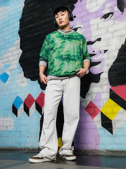 House Of Koala Grey & Green Abstract Printed Drop-Shoulder Relaxed Fit Pullover T-tshirt