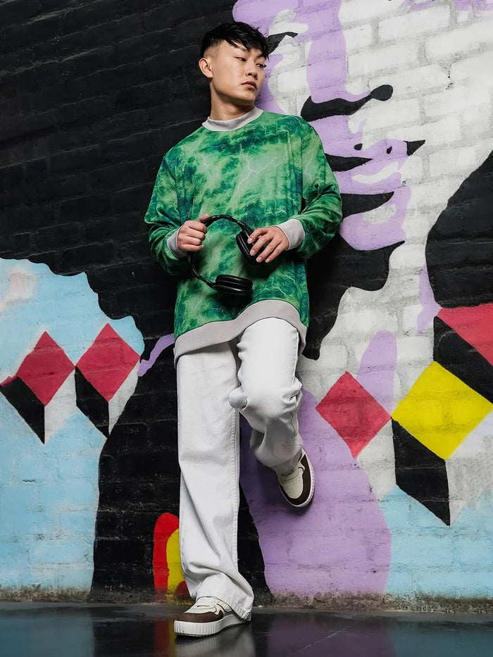 House Of Koala Grey & Green Abstract Printed Drop-Shoulder Relaxed Fit Pullover T-tshirt
