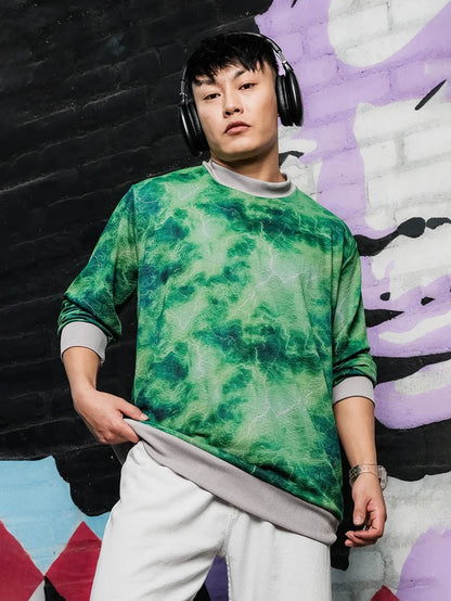 House Of Koala Grey & Green Abstract Printed Drop-Shoulder Relaxed Fit Pullover T-tshirt