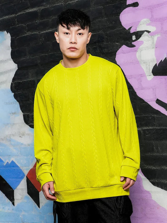 House Of Koala Neon Green Solid Textured Cable Knit Drop-Shoulder Relaxed Fit Pullover T-tshirt