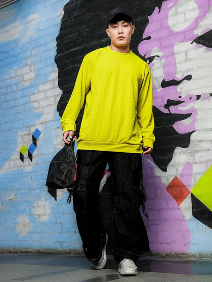 House Of Koala Neon Green Solid Textured Cable Knit Drop-Shoulder Relaxed Fit Pullover T-tshirt