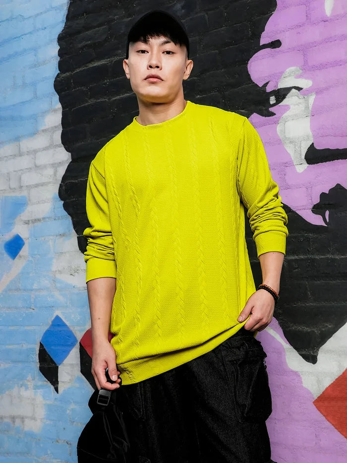 House Of Koala Neon Green Solid Textured Cable Knit Drop-Shoulder Relaxed Fit Pullover T-tshirt