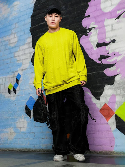 House Of Koala Neon Green Solid Textured Cable Knit Drop-Shoulder Relaxed Fit Pullover T-tshirt