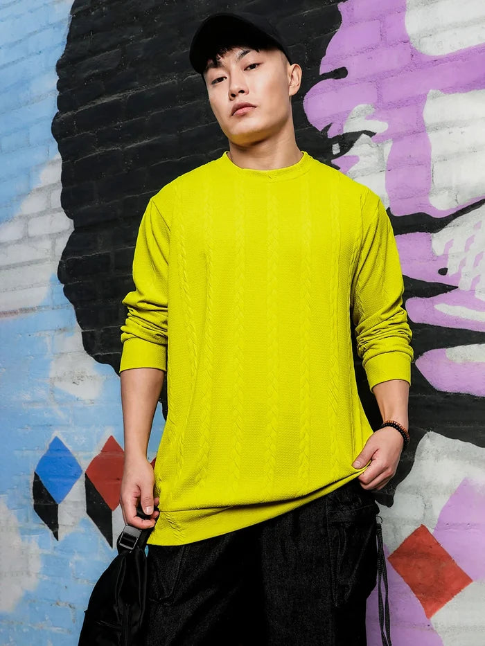 House Of Koala Neon Green Solid Textured Cable Knit Drop-Shoulder Relaxed Fit Pullover T-tshirt