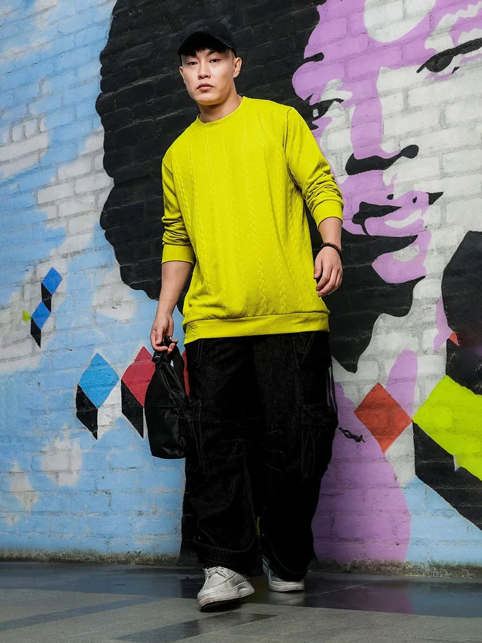 House Of Koala Neon Green Solid Textured Cable Knit Drop-Shoulder Relaxed Fit Pullover T-tshirt