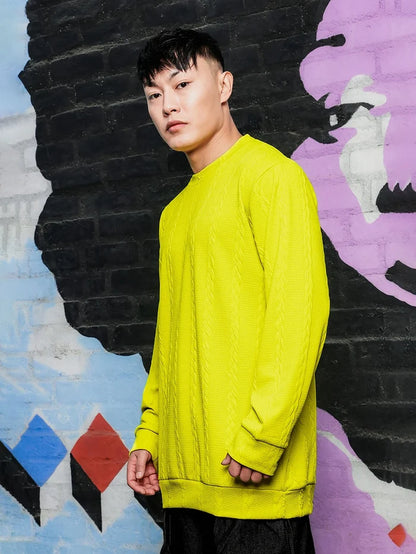 House Of Koala Neon Green Solid Textured Cable Knit Drop-Shoulder Relaxed Fit Pullover T-tshirt
