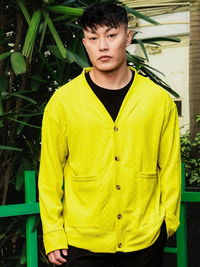 House Of Koala Neon Green Textured Self Design V-Neck T-Shirt