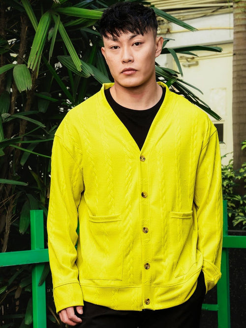 House Of Koala Neon Green Textured Self Design V-Neck T-Shirt