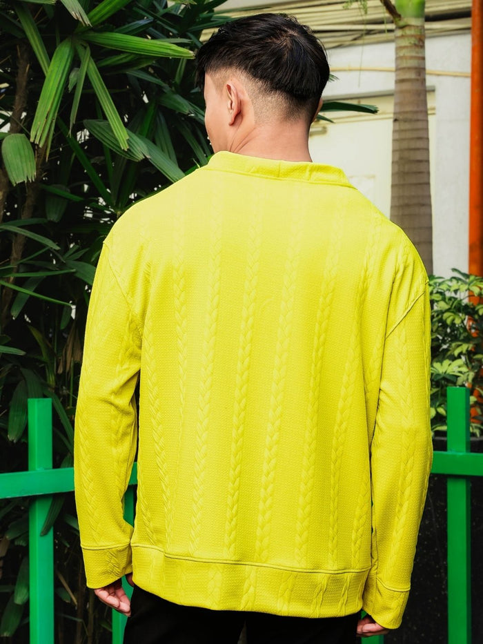 House Of Koala Neon Green Textured Self Design V-Neck T-Shirt