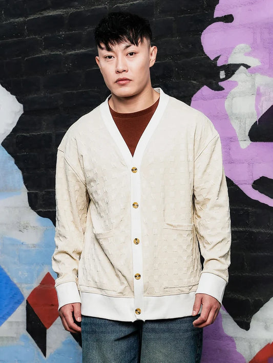 House Of Koala Off-White Textured & Self Design V-Neck Knitted Cardigan