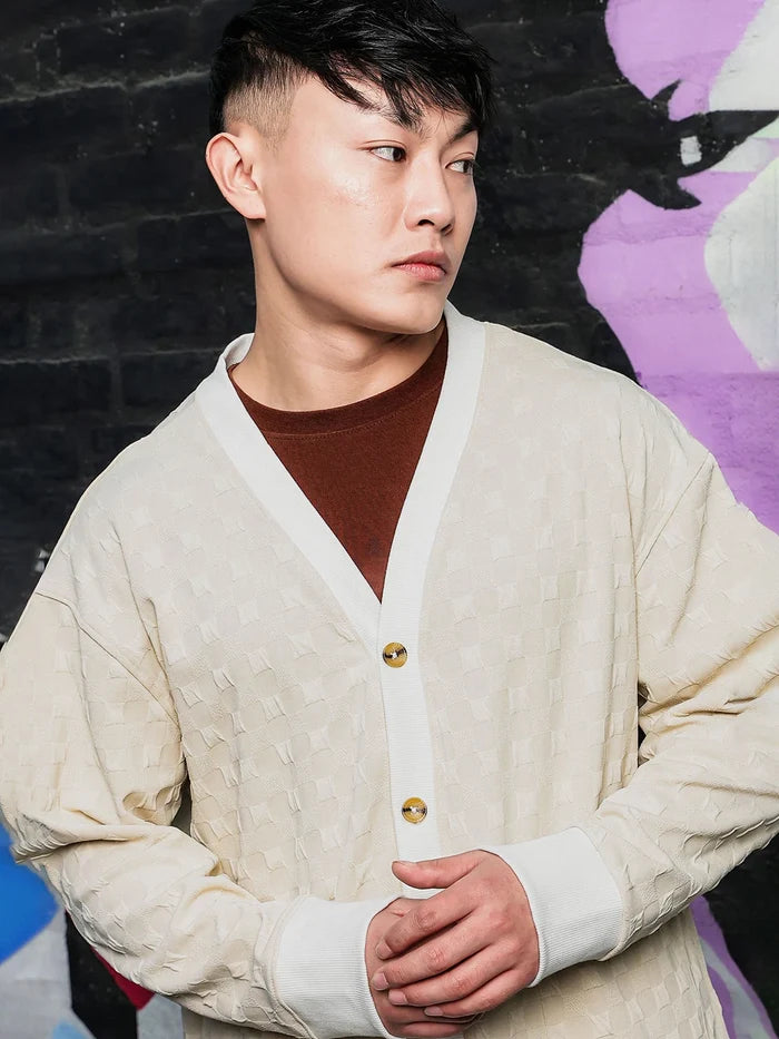 House Of Koala Off-White Textured & Self Design V-Neck Knitted Cardigan