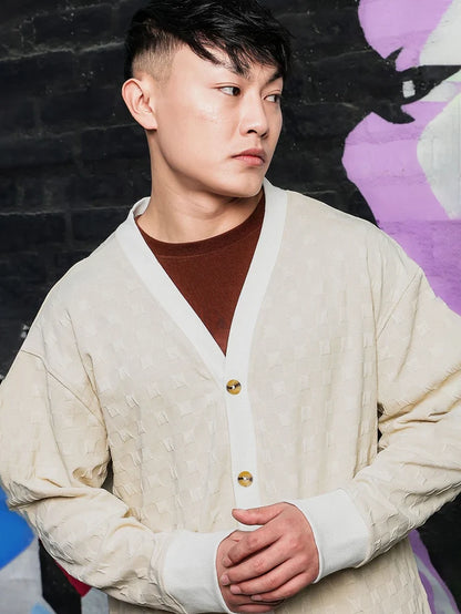 House Of Koala Off-White Textured & Self Design V-Neck Knitted Cardigan