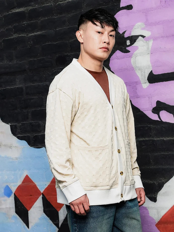 House Of Koala Off-White Textured & Self Design V-Neck Knitted Cardigan