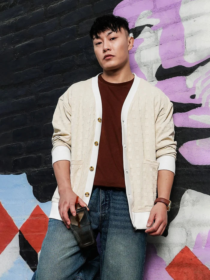 House Of Koala Off-White Textured & Self Design V-Neck Knitted Cardigan