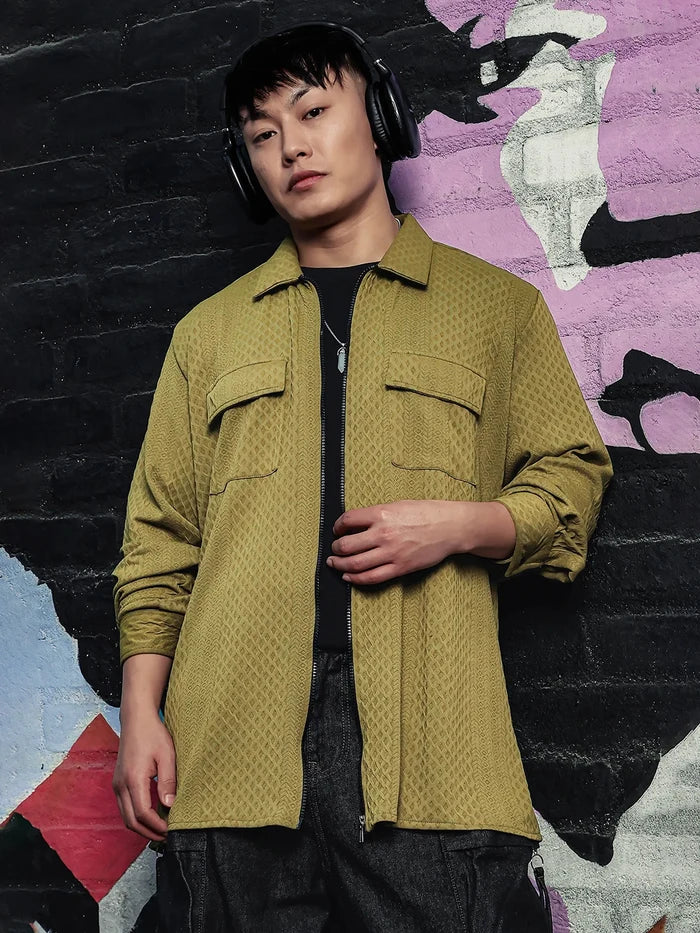 House Of Koala Olive Textured Drop-Shoulder Relaxed Fit Shirt Zipper Shacket