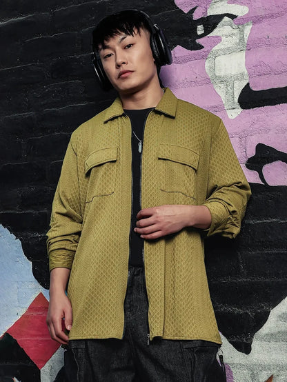 House Of Koala Olive Textured Drop-Shoulder Relaxed Fit Shirt Zipper Shacket