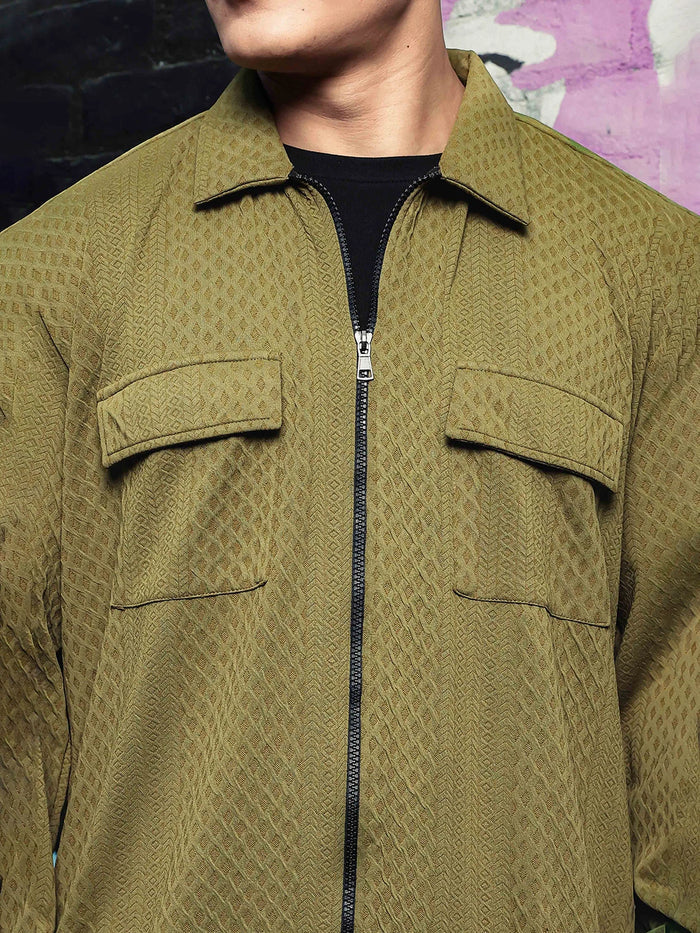House Of Koala Olive Textured Drop-Shoulder Relaxed Fit Shirt Zipper Shacket
