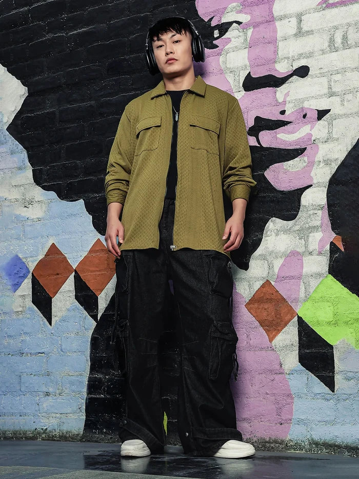 House Of Koala Olive Textured Drop-Shoulder Relaxed Fit Shirt Zipper Shacket